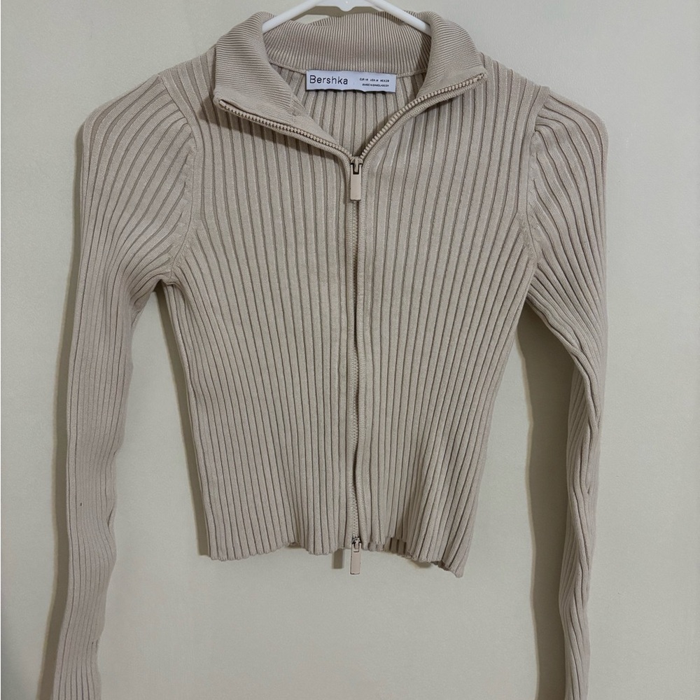 Bershka Light Tan Ribbed Zip-Up Jacket